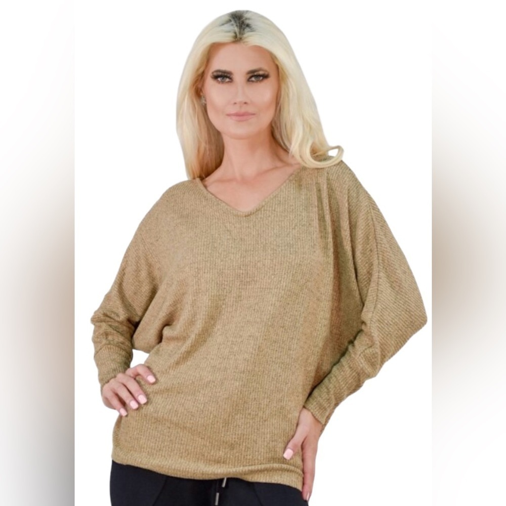New Retreat by Rhonda Shear Waffle Knit Dolman Sleeve Top- Camel size 3x